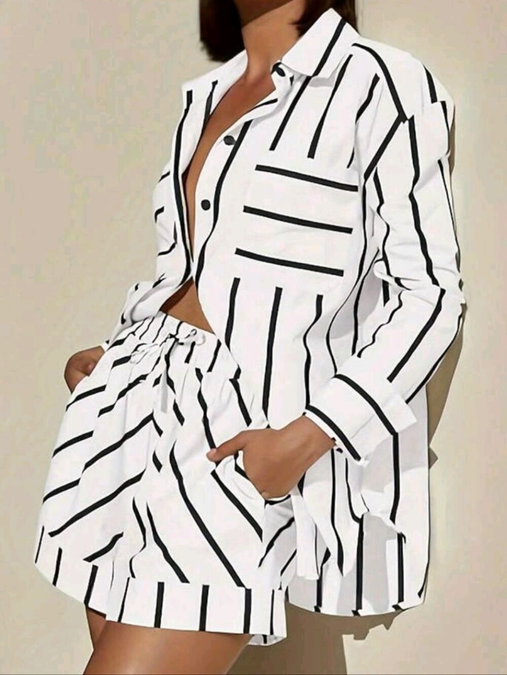 White Button-Up Striped Shirt & Shorts Set